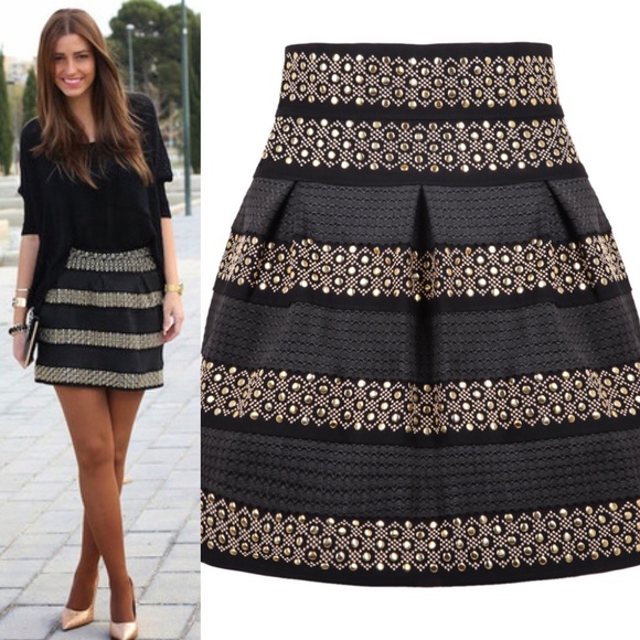 Studded High Waist Fit Flare Skirt Zip 